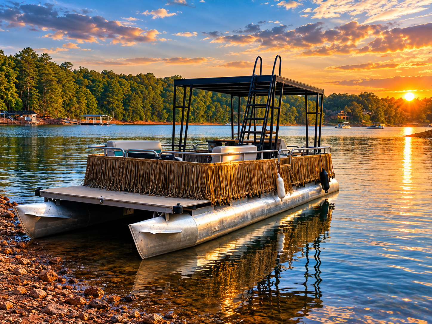 The Blue Ridge Tiki Time tiki pontoon boat at sunset on Lake Blue Ridge, Georgia